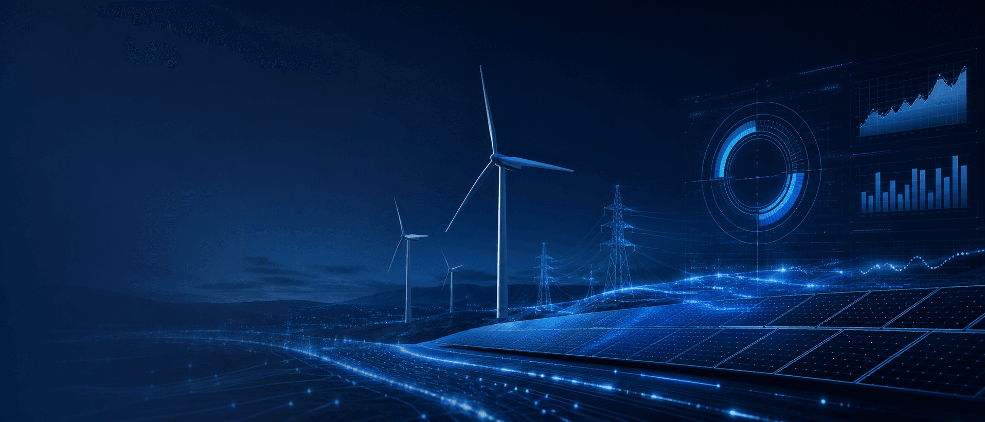 Éoliennes et panneaux solaires connectés à un réseau intelligent
