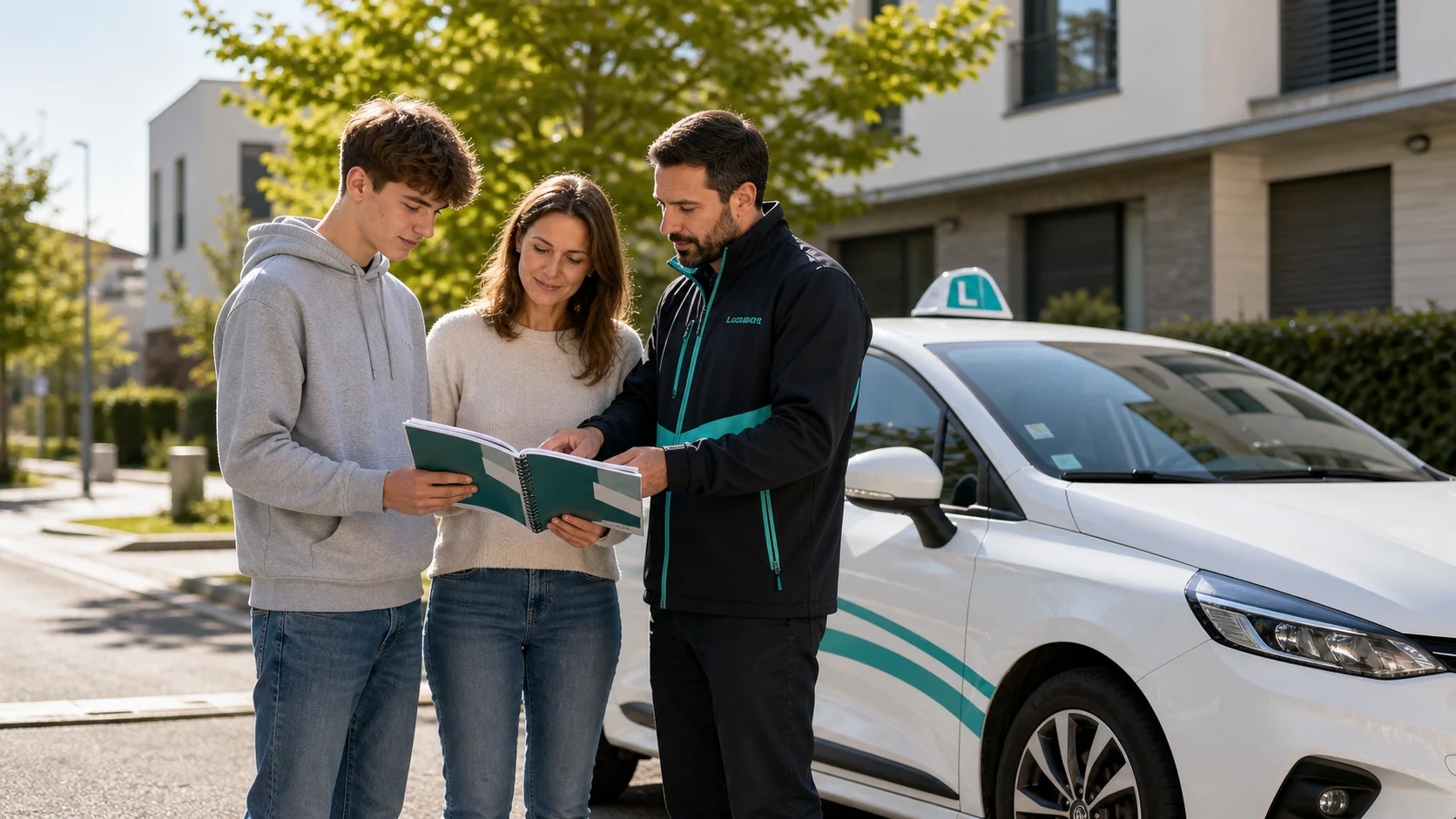 Jeune conducteur, accompagnateur et moniteur devant une voiture auto-école.