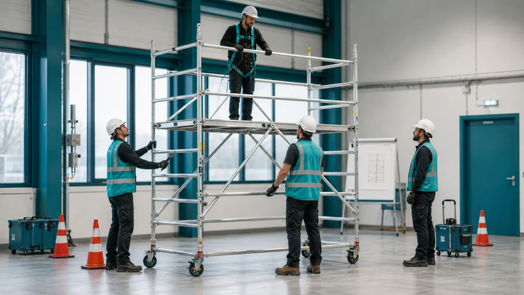 Groupe en formation R457 autour d'un échafaudage roulant dans un atelier lumineux.