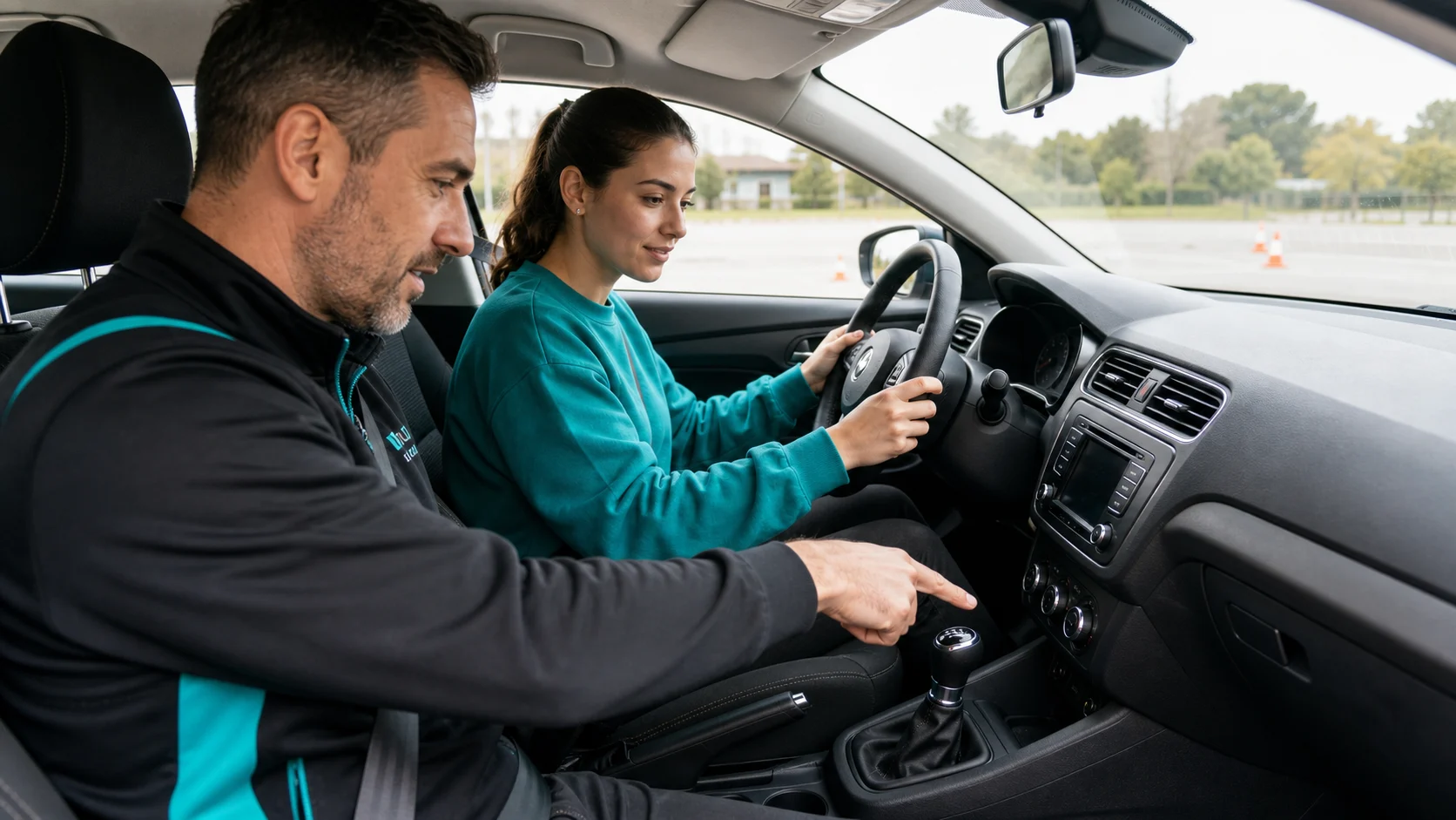 Élève adulte apprenant la boîte manuelle avec un moniteur et le levier de vitesse.