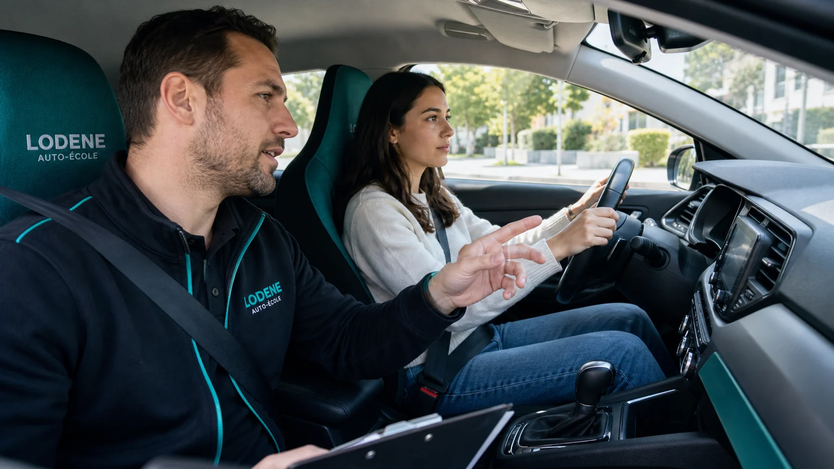 Élève en conduite accompagnée par un moniteur dans une voiture automatique LODENE.