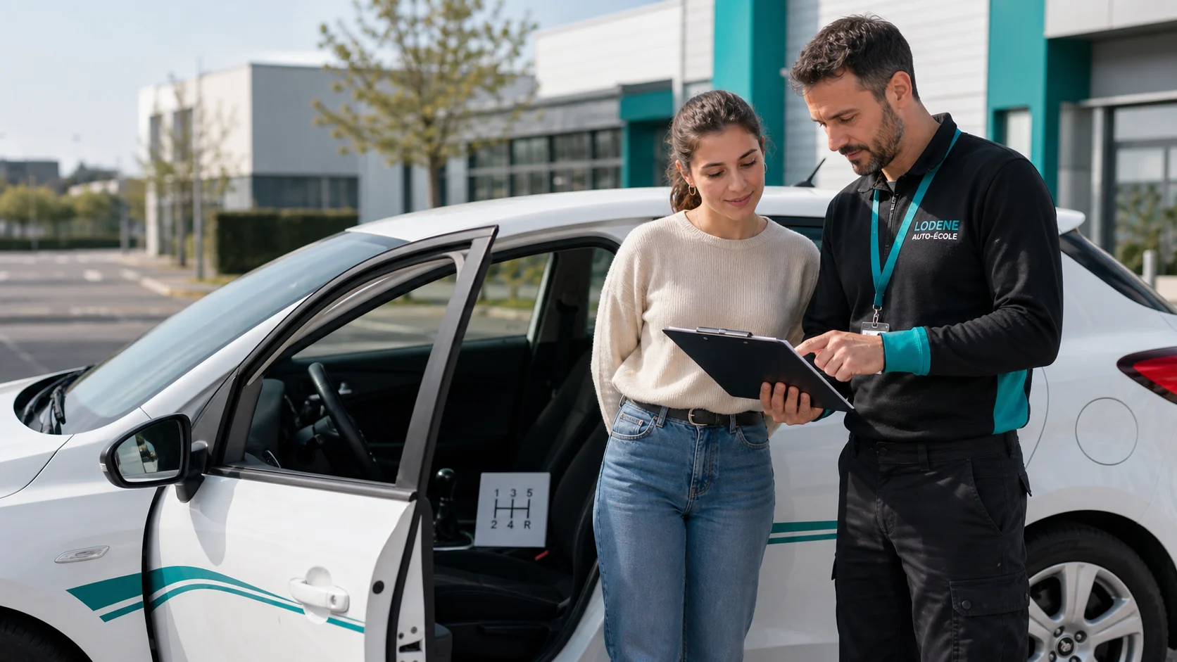 Élève et moniteur faisant le point à côté d'une voiture manuelle LODENE.