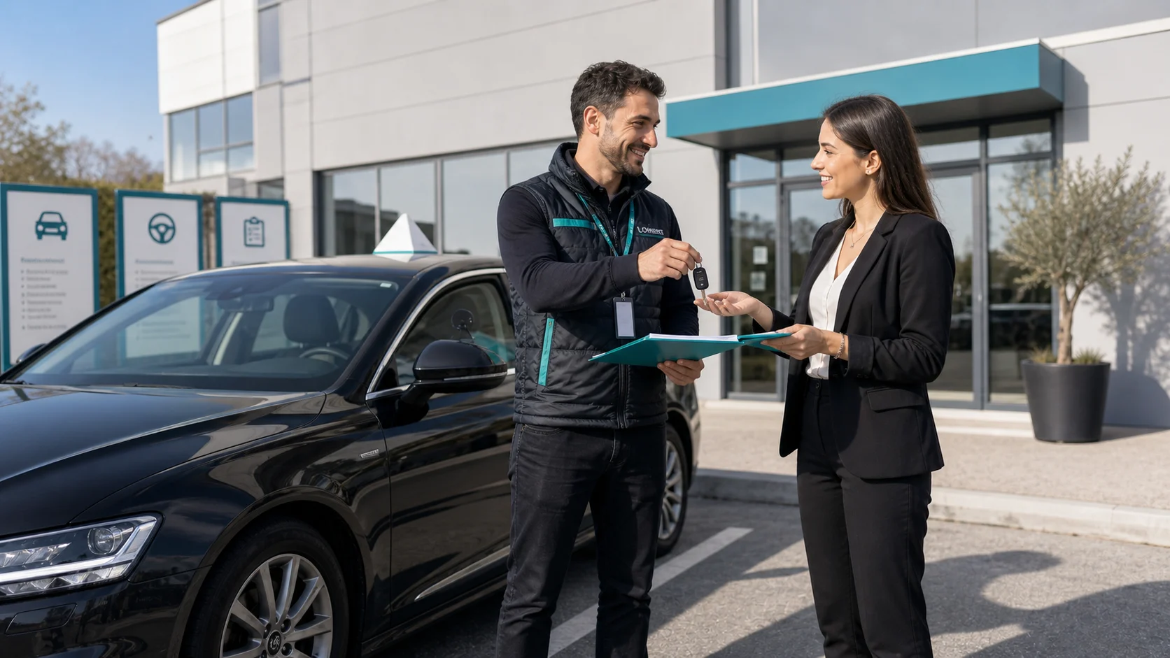 Formateur remettant les clés d'un véhicule d'examen à un futur chauffeur VTC.
