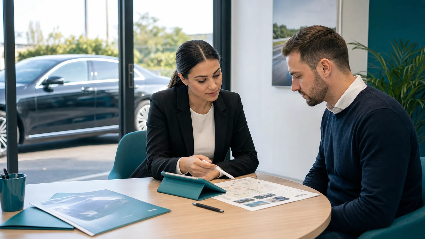 Futur chauffeur VTC travaillant avec un formateur près d'un véhicule professionnel.